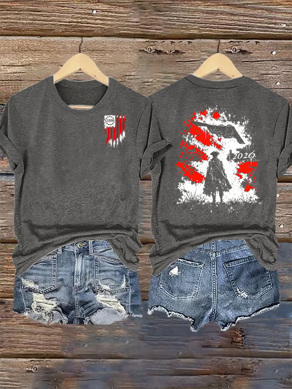 Women's Round-Neck 250 US Flag Print T-Shirt