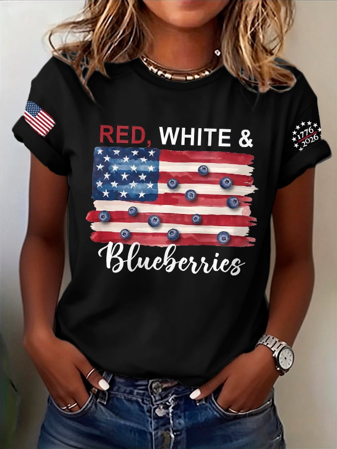 Retro Red White And Blueberries United States Of America โข 1776โ2026 Print T-Shirt