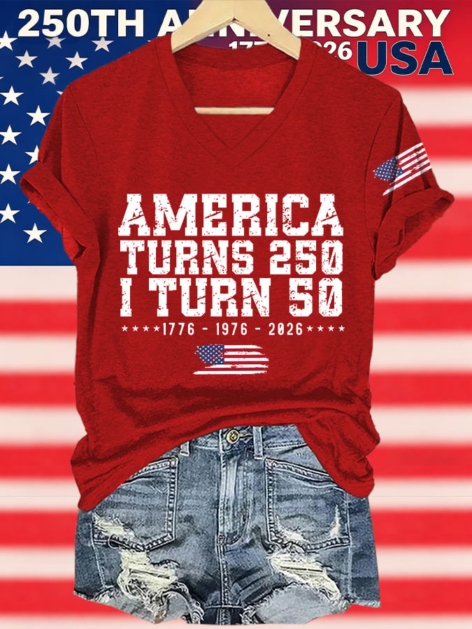 V-Neck Retro 250th Anniversary 1776-2026 America Turns 250 I Turn 50 1776 โข 1976 โข 2026 Print T-Shirt