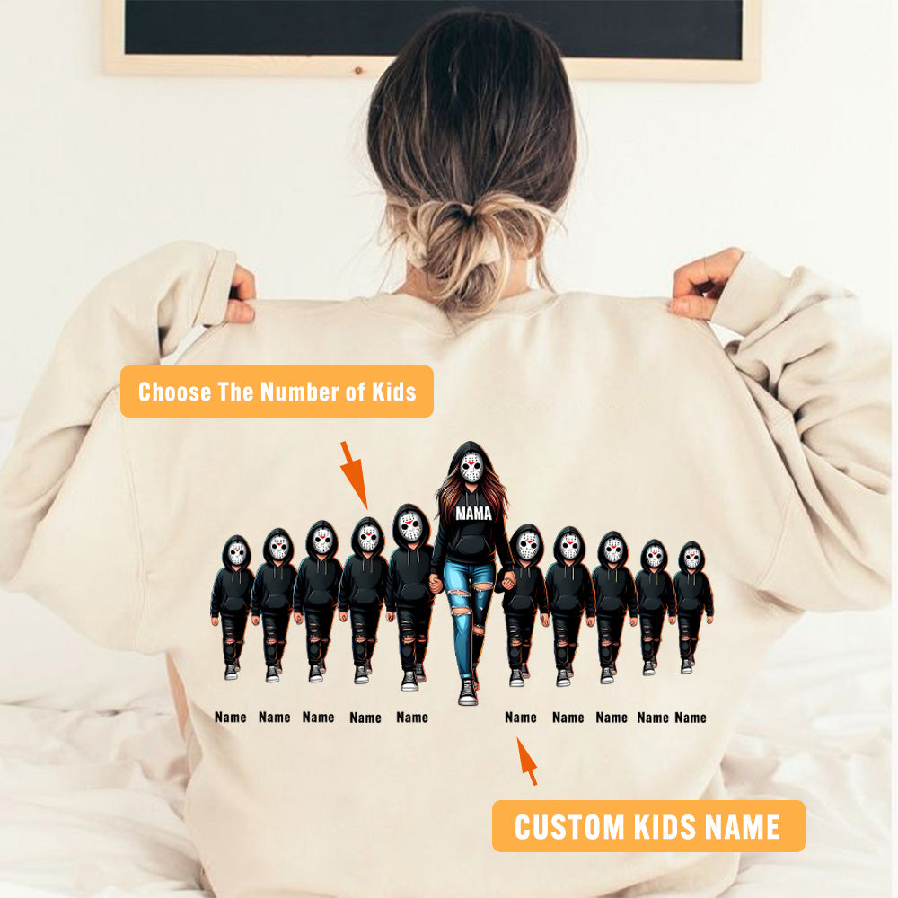 Halloween Horror Mama Custom Kids Name Sweatshirt, Custom Spooky Mama Hoodie, Killer Halloween Crewneck