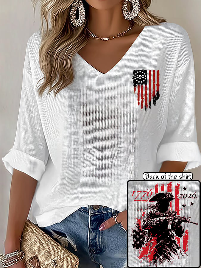 V-Neck 250th Anniversary Distressed American Flag 2-sided Print T-Shirt