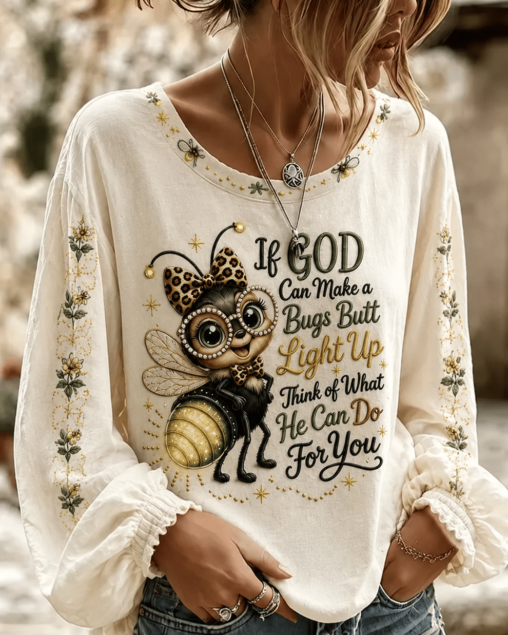 Women's If God Can Make A Bug's Butt Light Up Print Round Neck Puff Sleeves Blouse