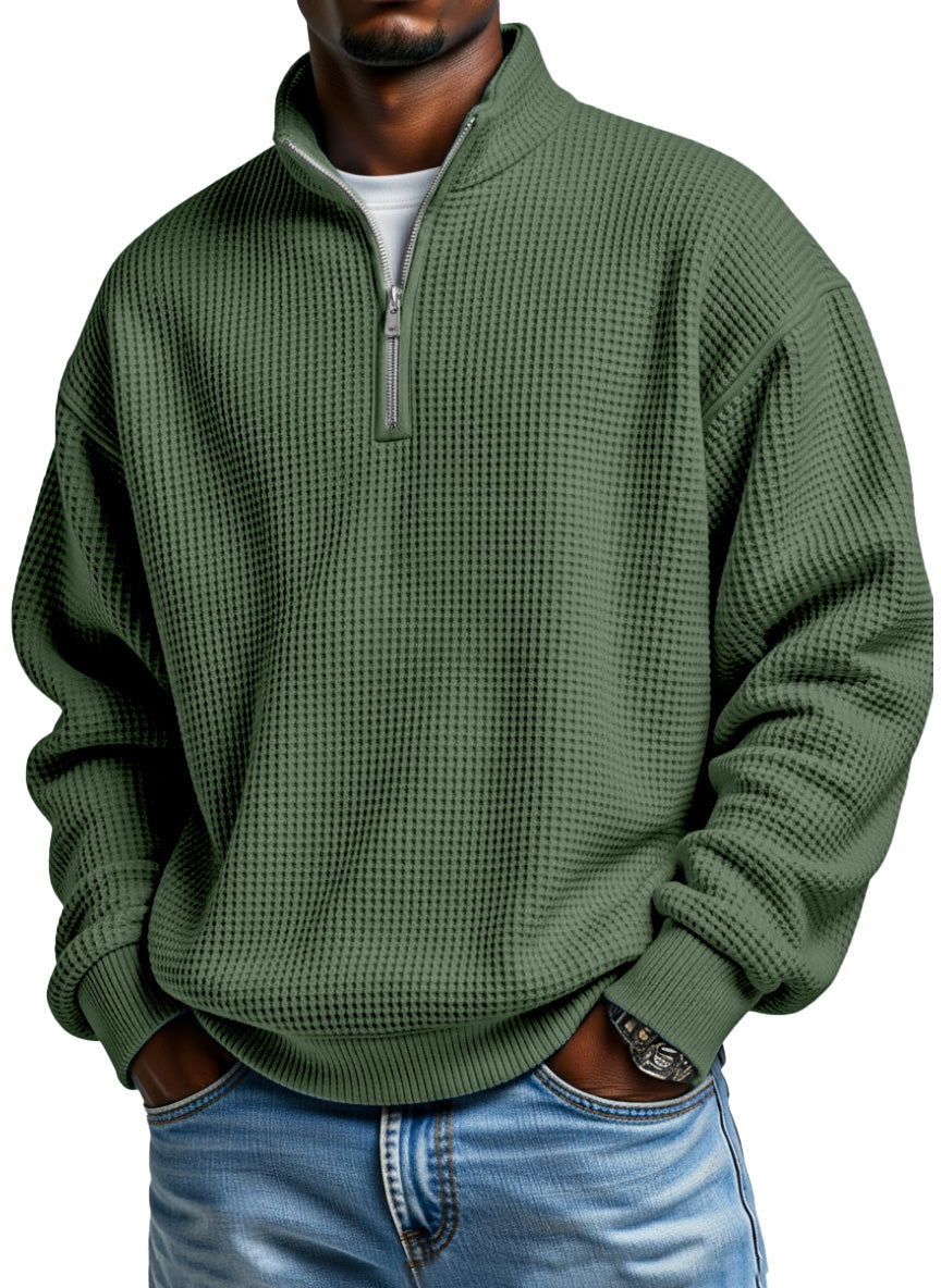 Men's Daily Loose And Simple Waffle Half-zip Stand Collar Long-sleeved Polo Shirt