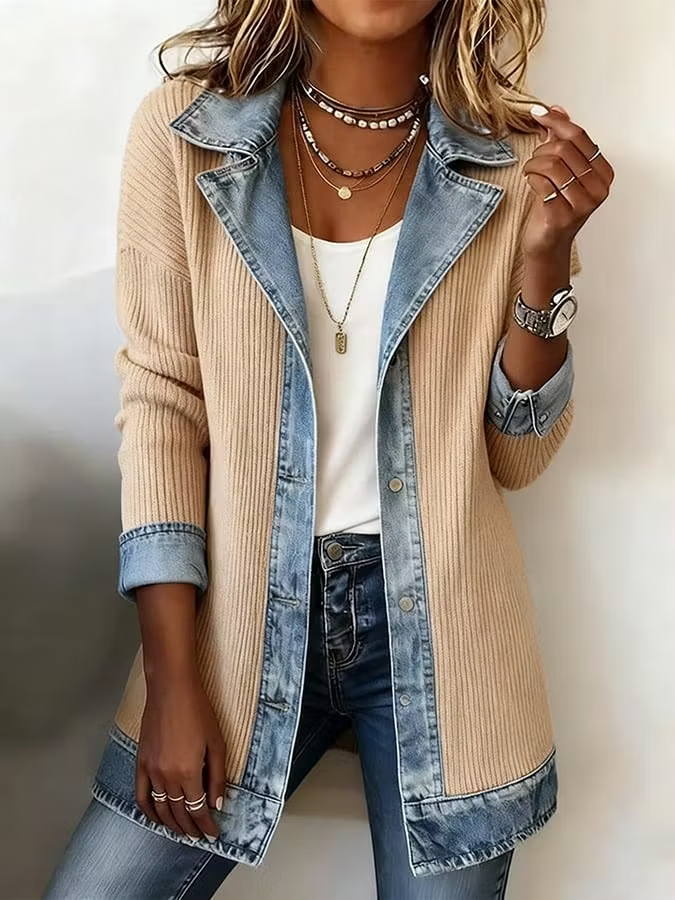 Clearance Sale 🔥 Elegant Patchwork-Style Denim & Knit Cardigan