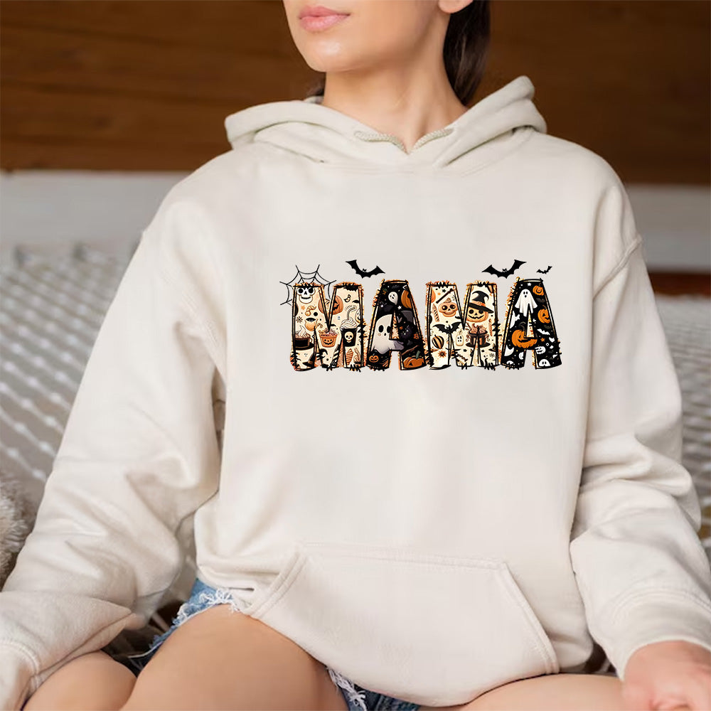 Halloween Party Gift for Mom,Personalized Spooky Mama Halloween Sweatshirt Custom Kids' Names on Sleeve, Fall Season Shirt.