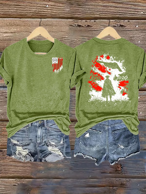 Women's Round-Neck 250 US Flag Print T-Shirt