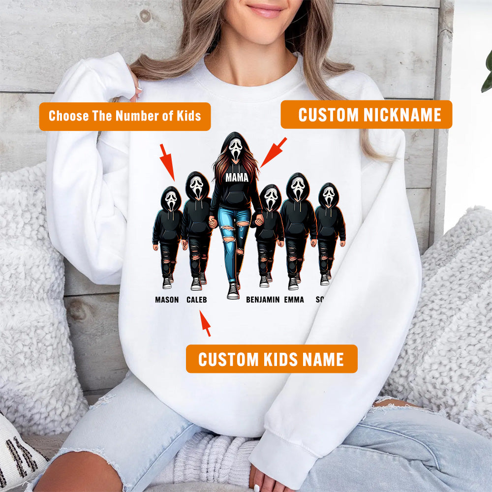 Halloween Horror Mama Custom Kids Name Sweatshirt, Custom Spooky Mama Hoodie, Killer Halloween Crewneck