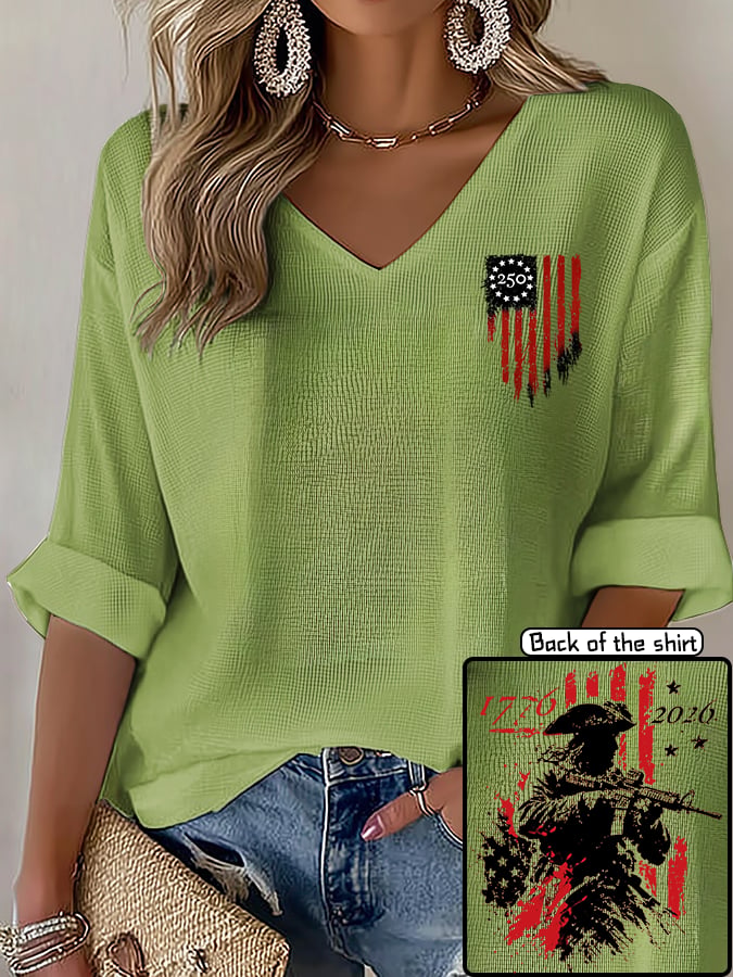 V-Neck 250th Anniversary Distressed American Flag 2-sided Print T-Shirt