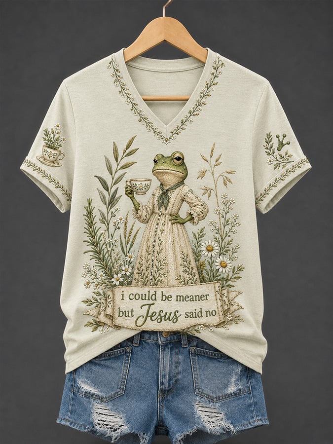 Women's Casual V-Neck Top with "Faith" Print