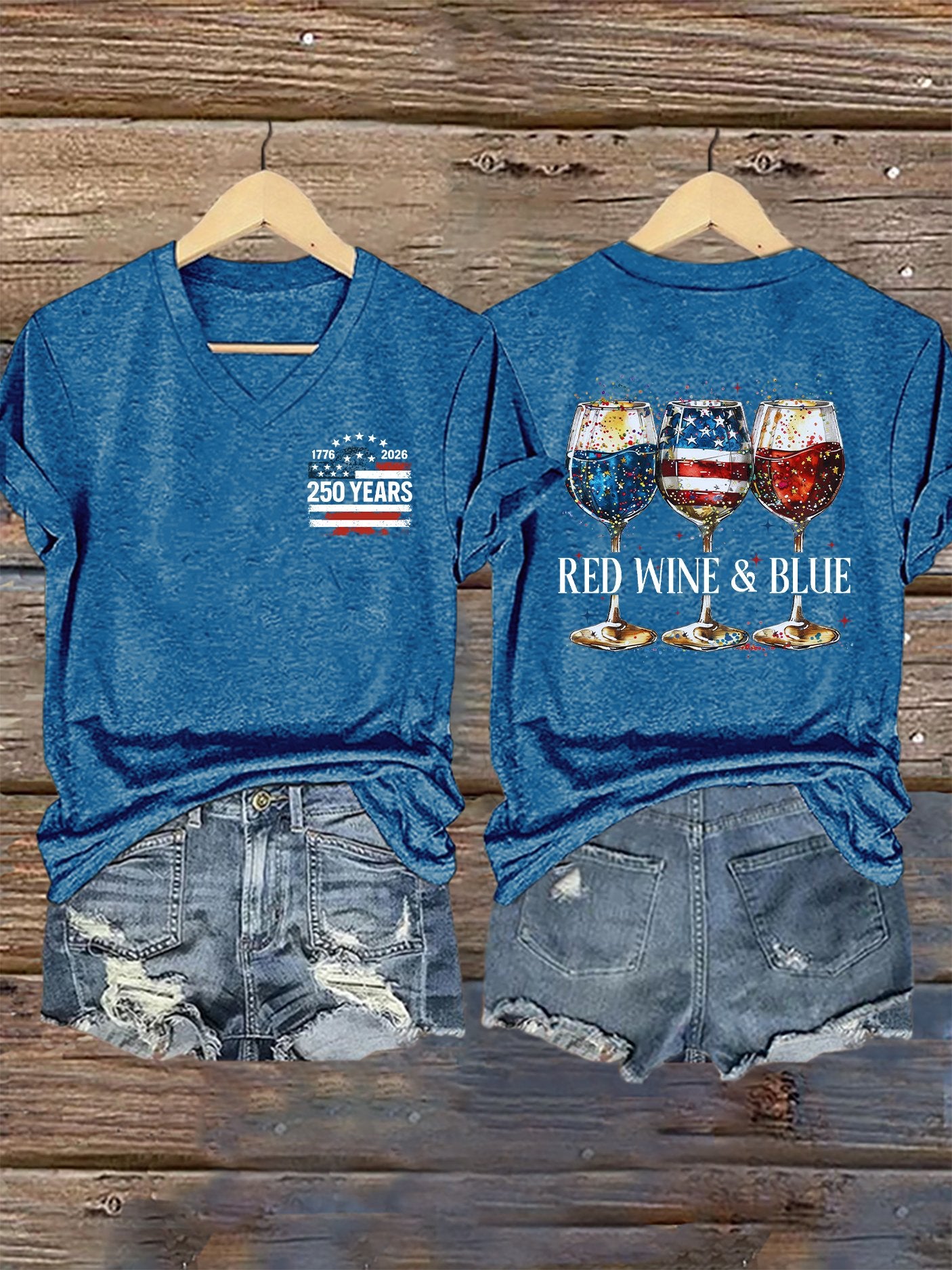 V-Neck Retro 1776โ2026 250 Year Red Wine & Blue Print T-Shirt
