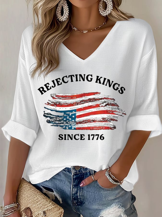 🔥Buy 3 Get 15% Off🔥Women's No Kings In America Printed Casual Waffle T-Shirt