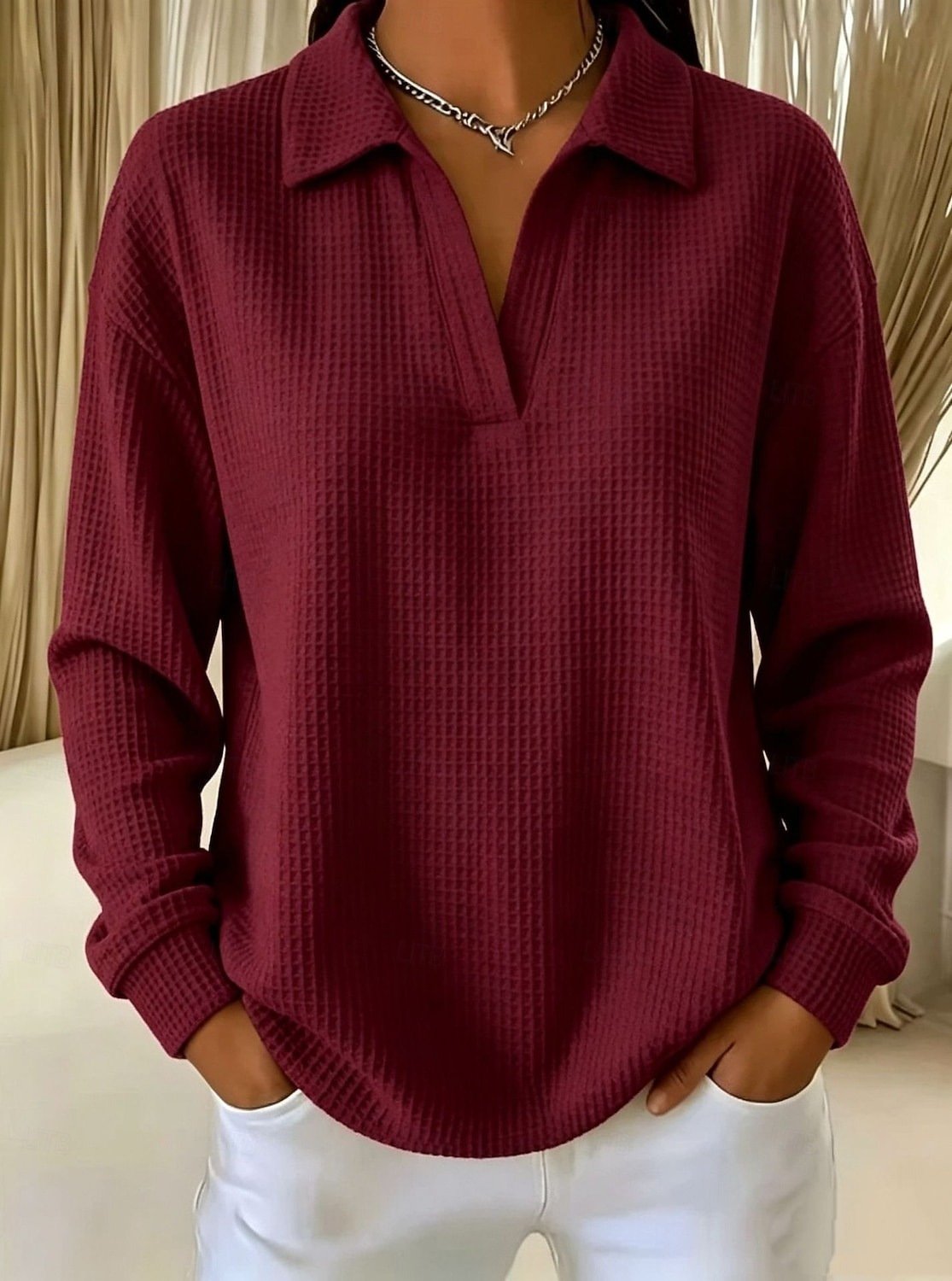 V-Neck Loose-Fit Long-Sleeve Waffle-Knit Top with Lapel Collar, Oversized Shoulders