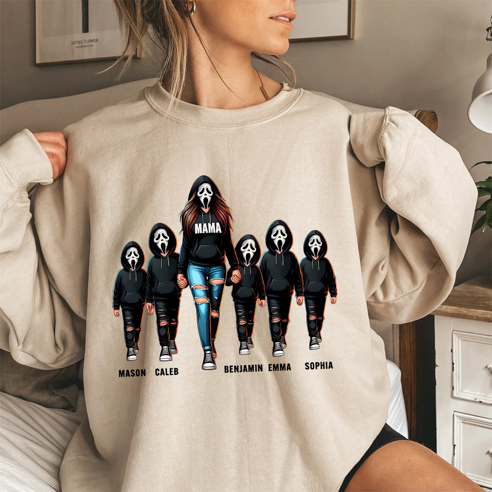 Halloween Horror Mama Custom Kids Name Sweatshirt, Custom Spooky Mama Hoodie, Killer Halloween Crewneck