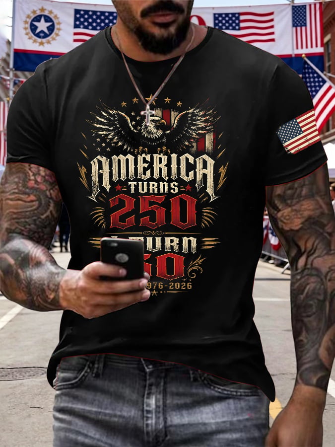 Men's Retro 250th Anniversary 1776-2026 America Turns 250 I Turn 50 1776 โข 1976 โข 2026 Print T-Shirt