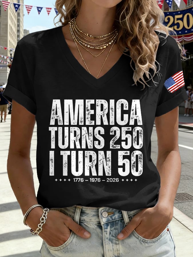 V-Neck Retro 250th Anniversary 1776-2026 America Turns 250 I Turn 50 1776 โข 1976 โข 2026 Print T-Shirt