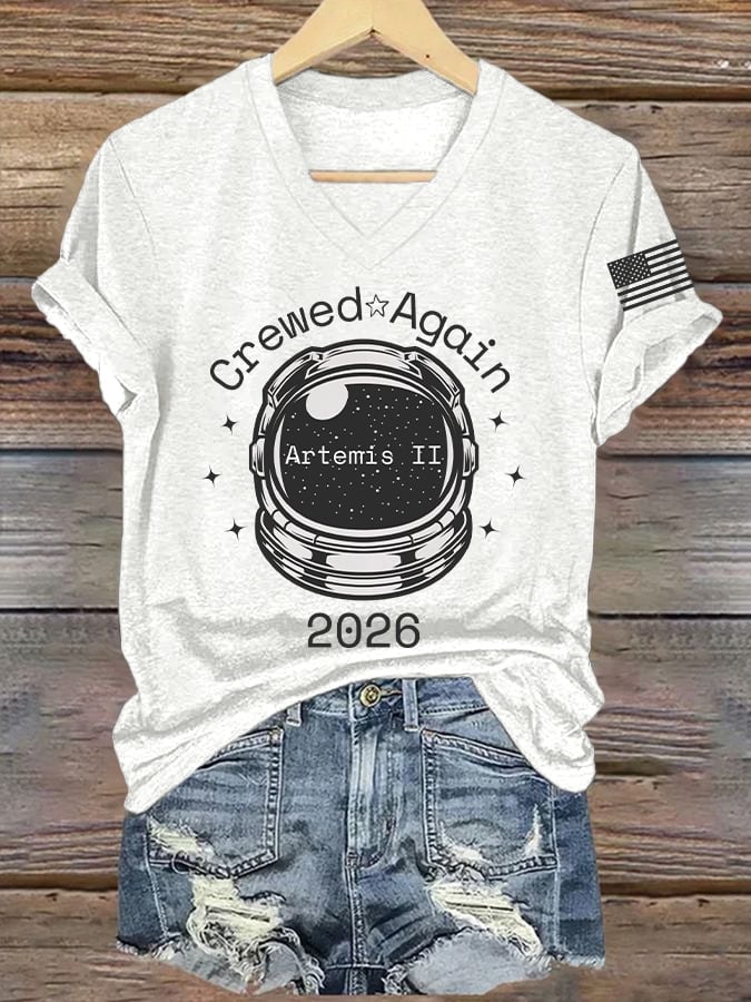 Women's Crewed Again Print V Neck T-shirt