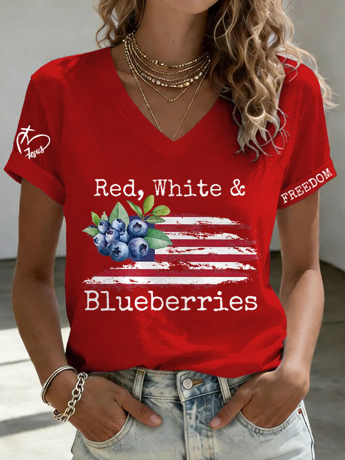 V-Neck Retro Independence Day Red, White & Blueberries Freedom Jesus Print T-Shirt