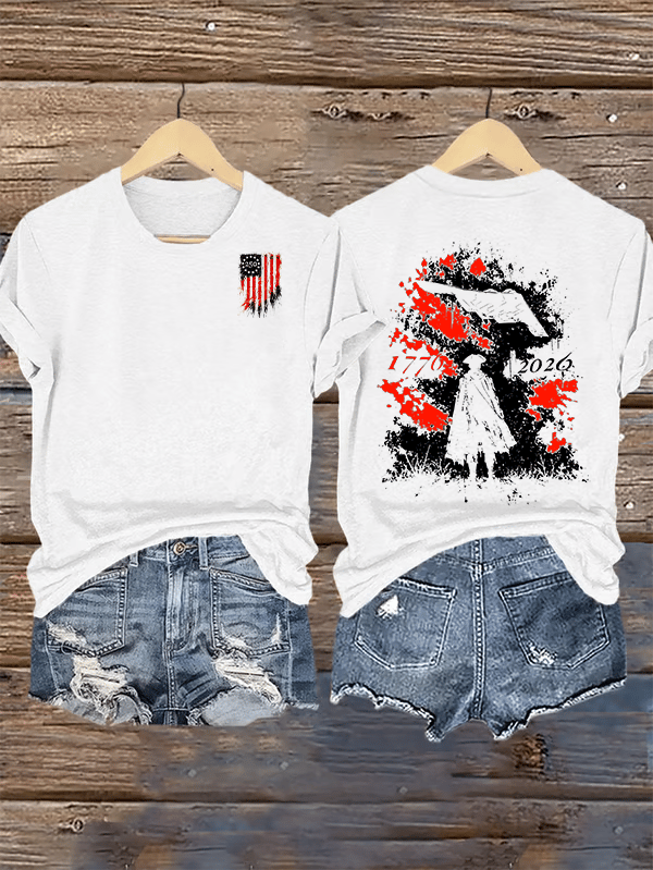 Women's Round-Neck 250 US Flag Print T-Shirt