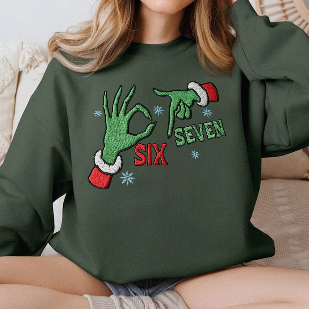 Christmas themed shirt,Christmas Embroidered Shirt, Six seven hand Xmas Christmas shirt.