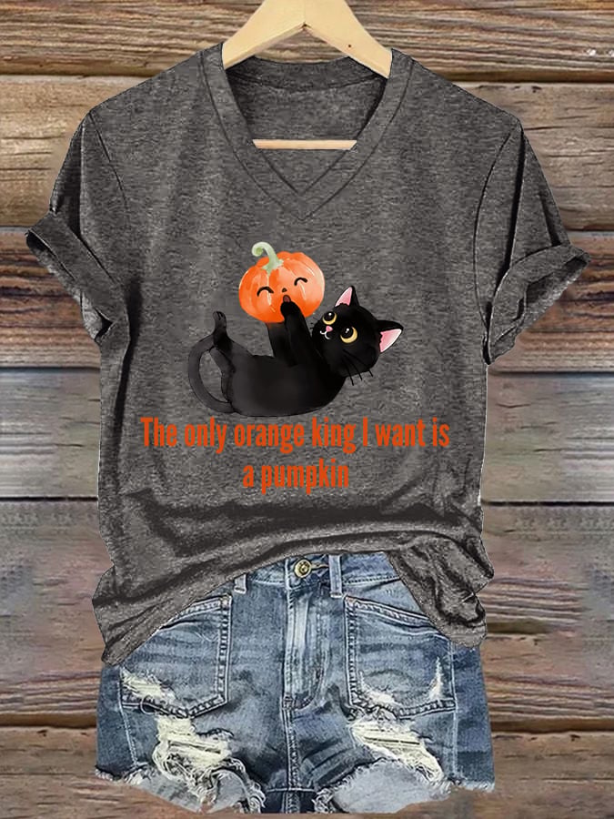 🔥Buy 3 Get 15% Off🔥Women's The Only Orange King I Want Is A Pumpkin Print V Neck T-shirt