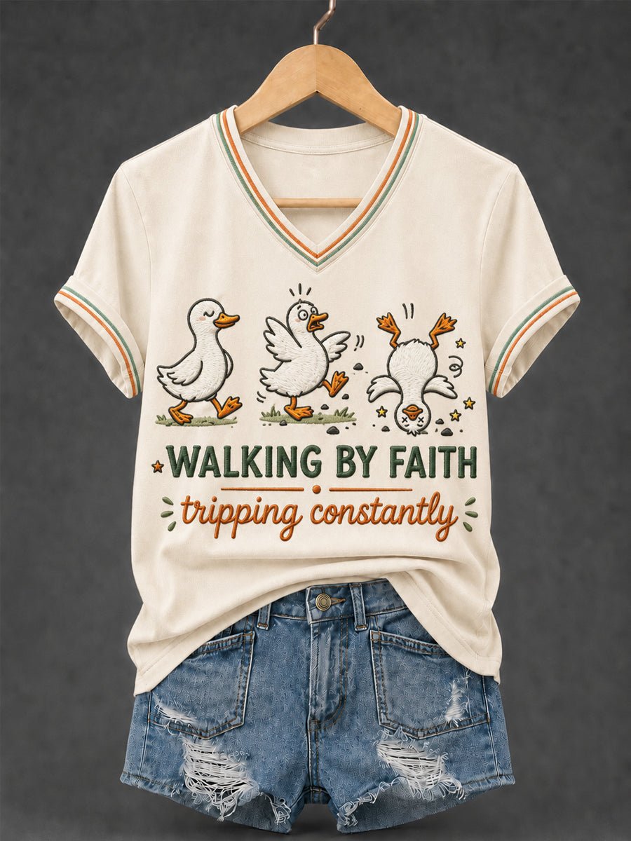 Classic Walking By Faith Tripping Constantly Goose Print Christian Inspirational Short-Sleeved Shirt