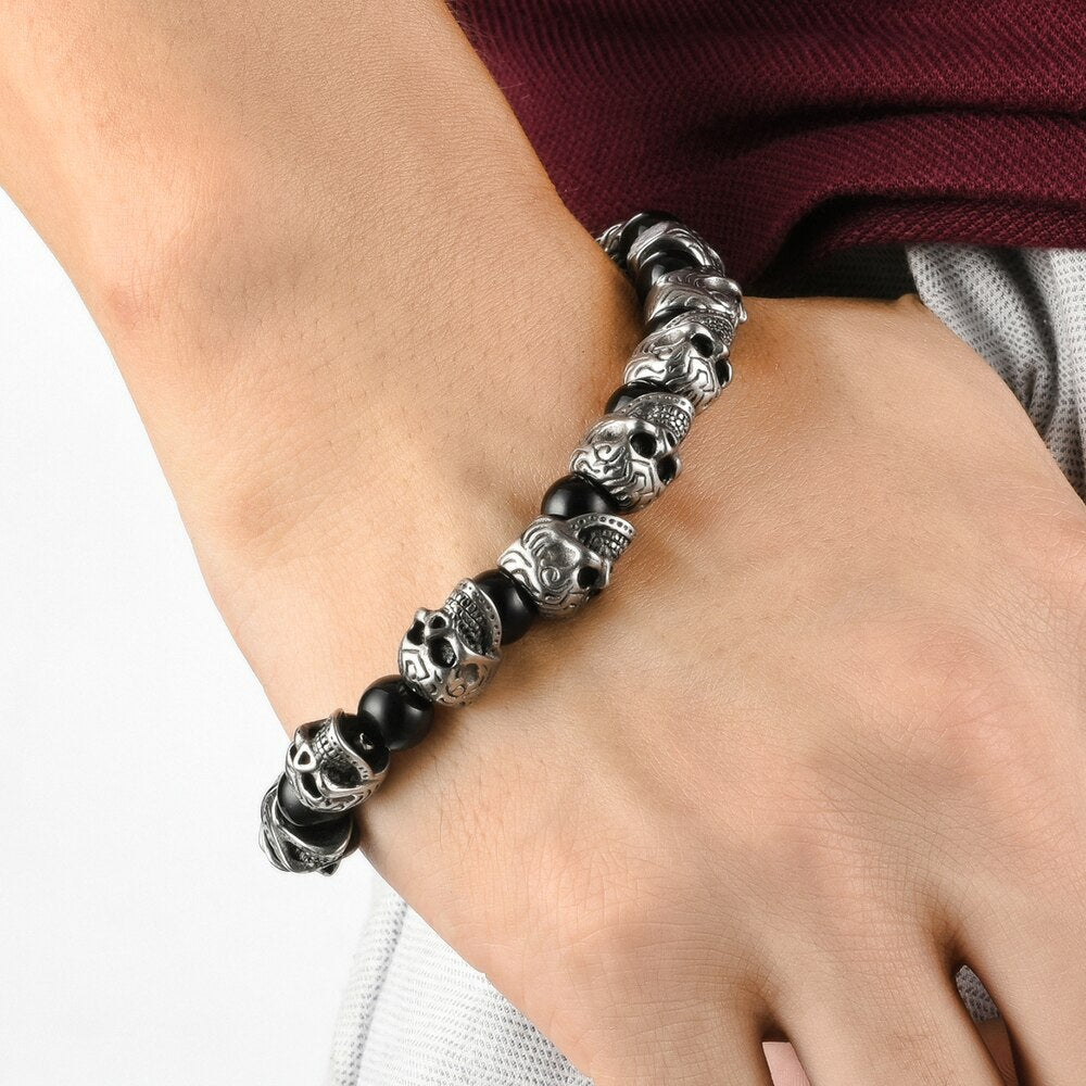 Mens Genuine Tiger Eye Gold Plated Stainless Steel Skull Beaded Bracelet