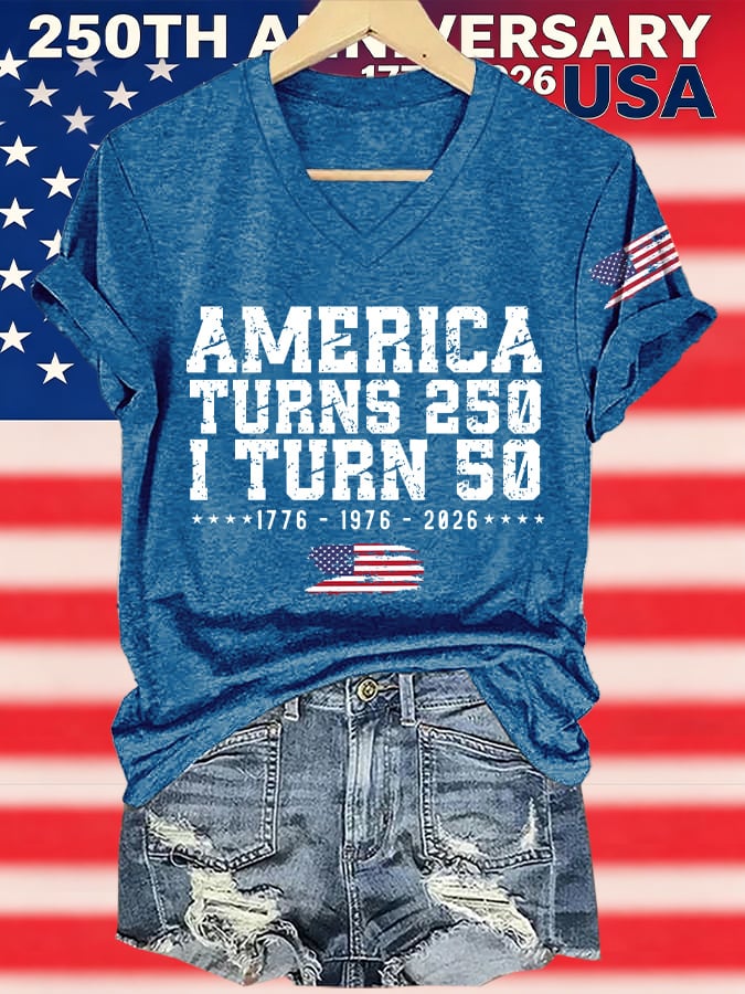 V-Neck Retro 250th Anniversary 1776-2026 America Turns 250 I Turn 50 1776 โข 1976 โข 2026 Print T-Shirt