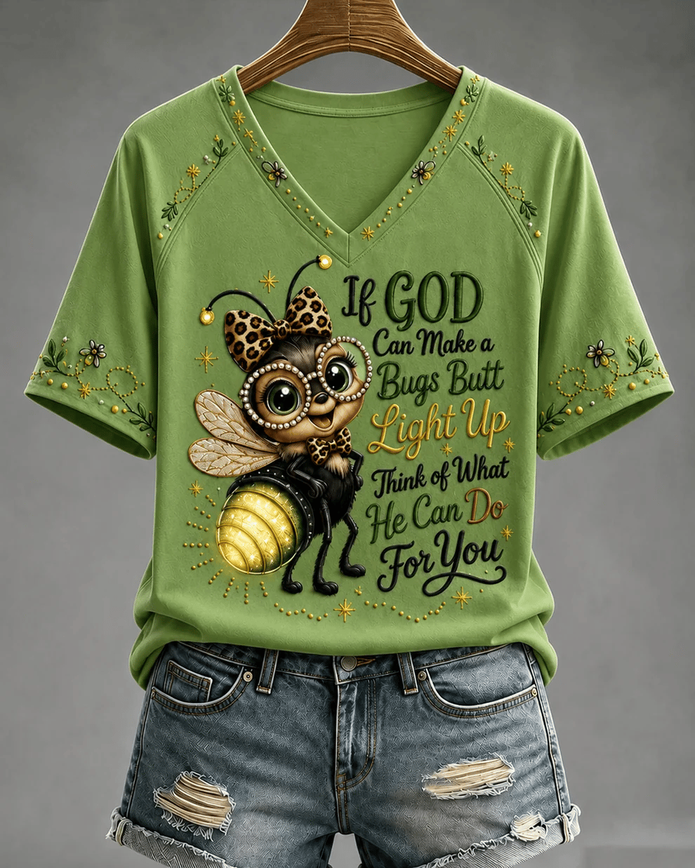 Women's If God Can Make A Bug's Butt Light Up Print V-neck Short Sleeve Tshirt