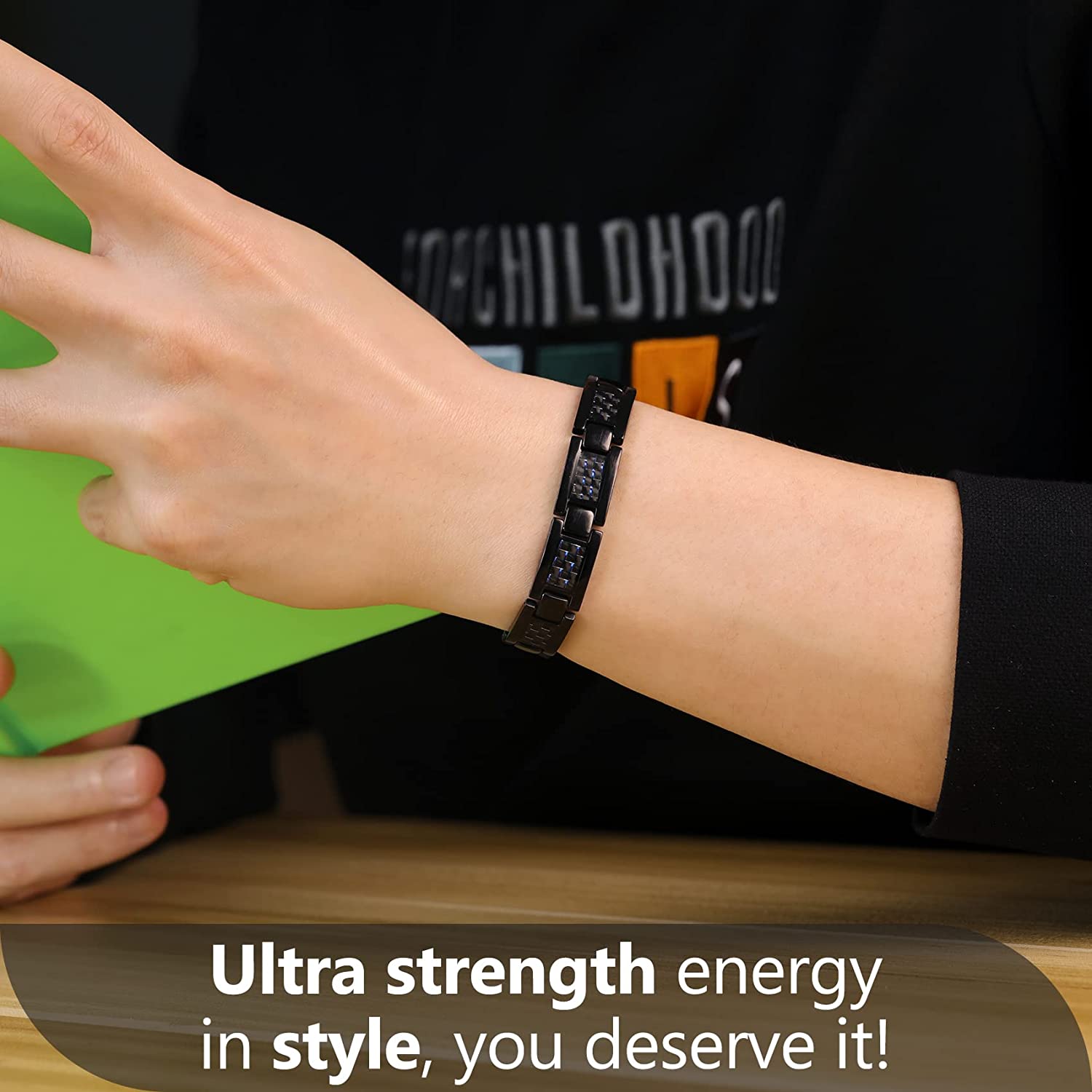 Titanium steel magnetic healing stone carbon fiber energy bracelet-Black