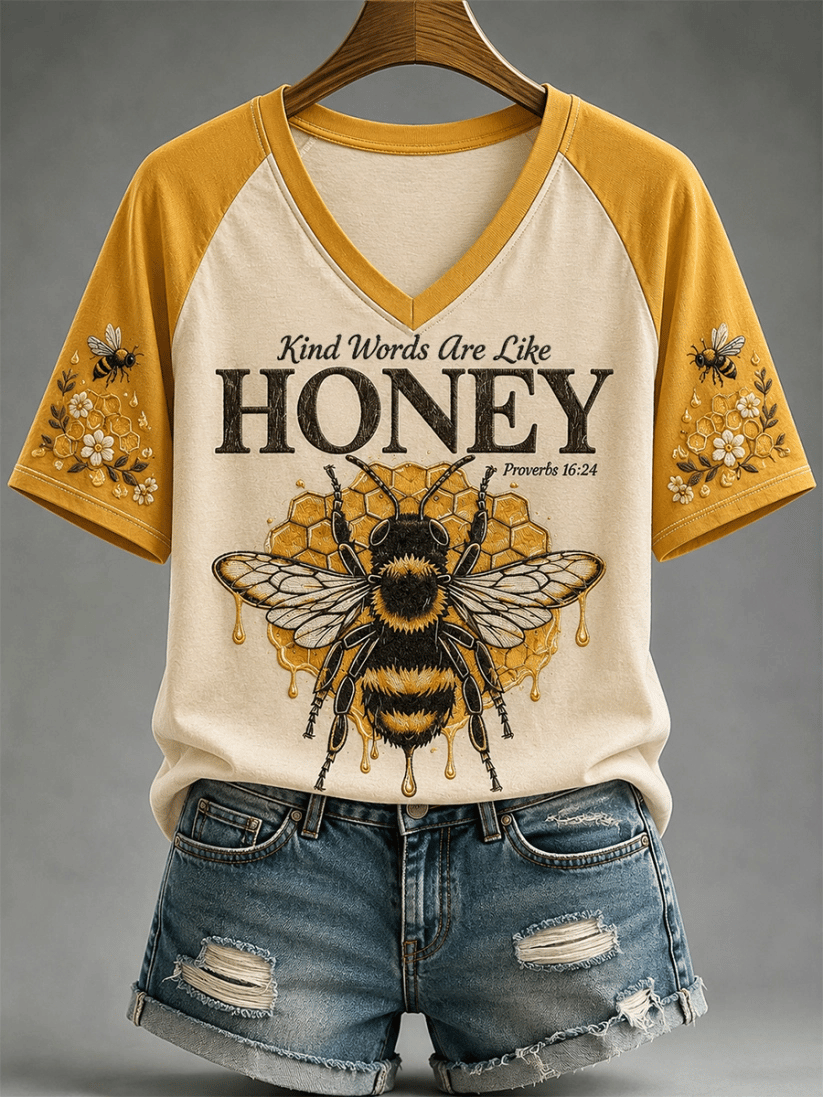 Women's Kind Words Are Like Honey Print Casual V-Neck Tee