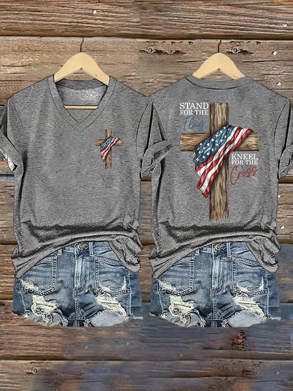 Women's Stand For The Flag Kneel For The Cross Printed Casual V-Neck T-Shirt
