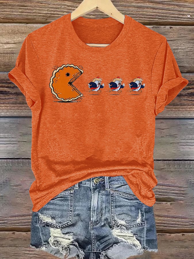 Women's Funny Turkey Chasing Pie Sublimation FDT Thanksgiving T-Shirt