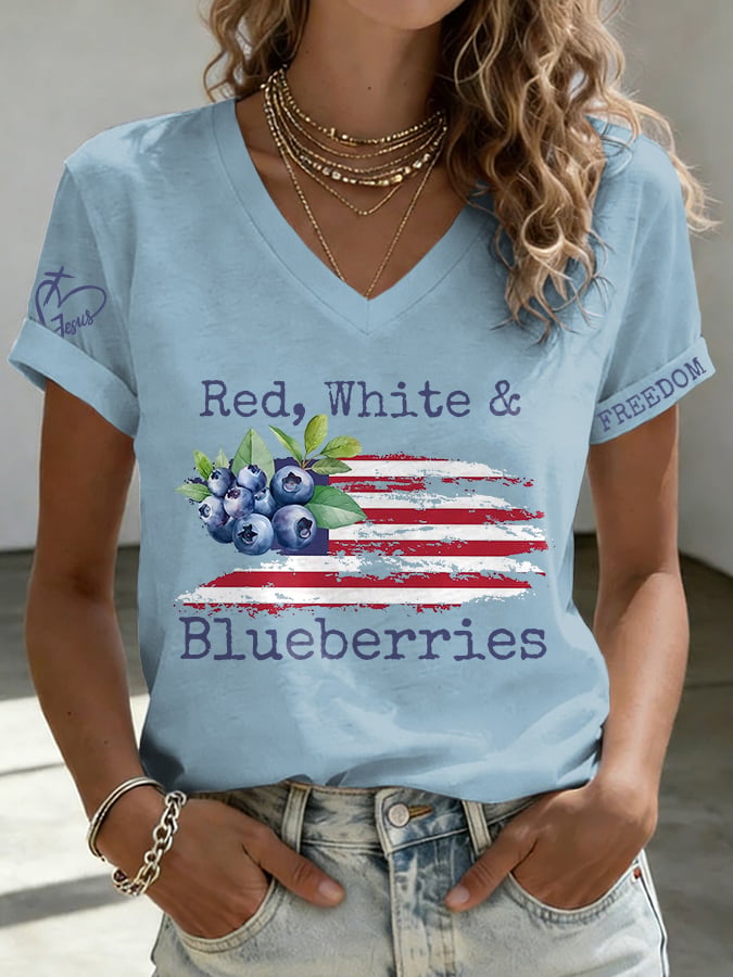 V-Neck Retro Independence Day Red, White & Blueberries Freedom Jesus Print T-Shirt