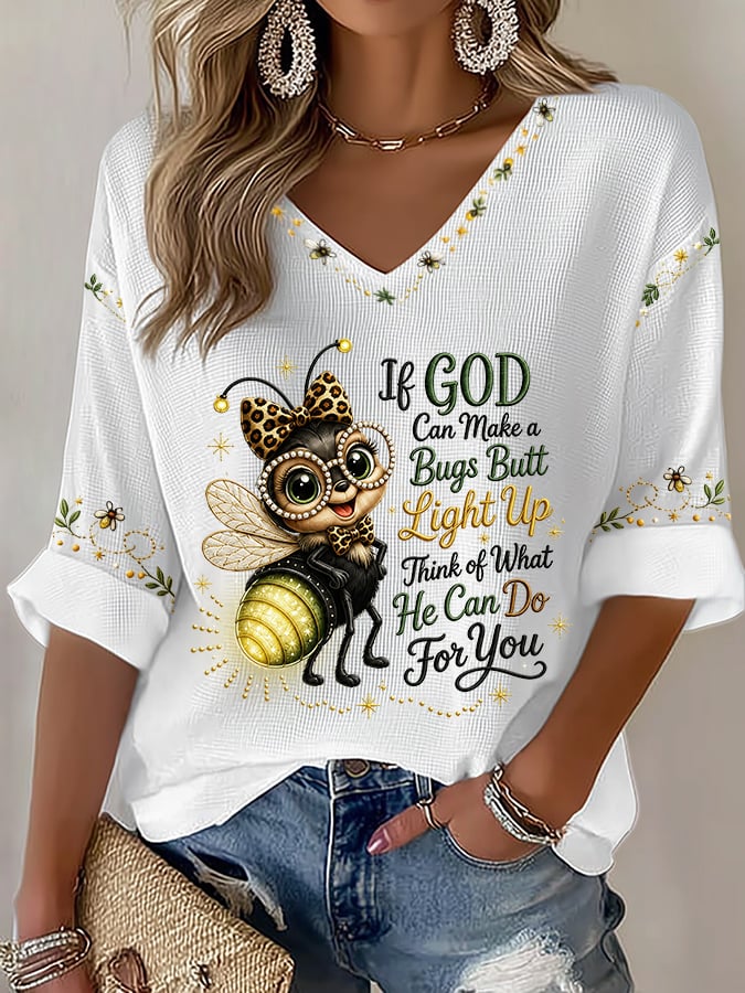 Women's If God Can Make A Bug's Butt Light Up Print Waffle T-Shirt