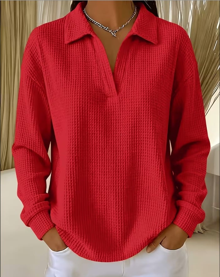 V-Neck Loose-Fit Long-Sleeve Waffle-Knit Top with Lapel Collar, Oversized Shoulders