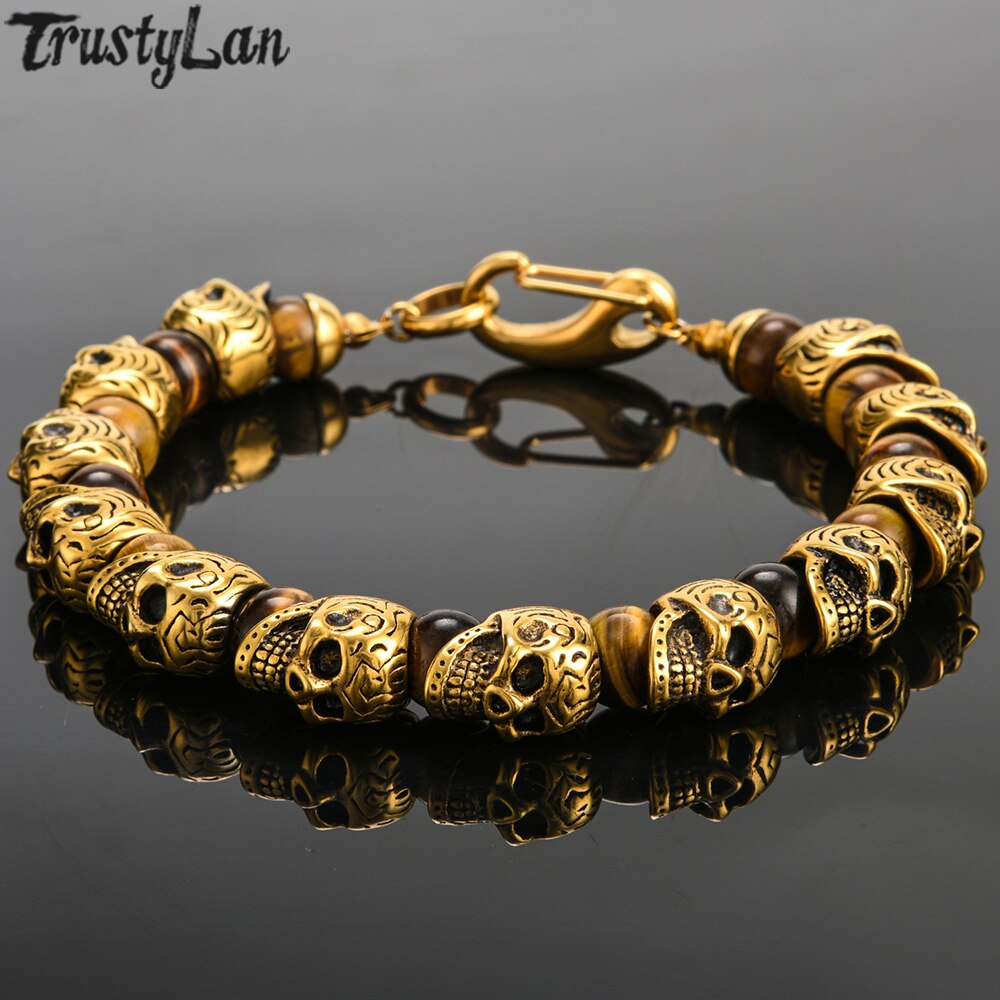 Mens Genuine Tiger Eye Gold Plated Stainless Steel Skull Beaded Bracelet