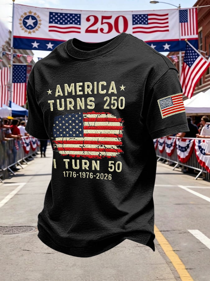 Men's Retro 250th Anniversary 1776-2026 America Turns 250 I Turn 50 1776 โข 1976 โข 2026 Print T-Shirt