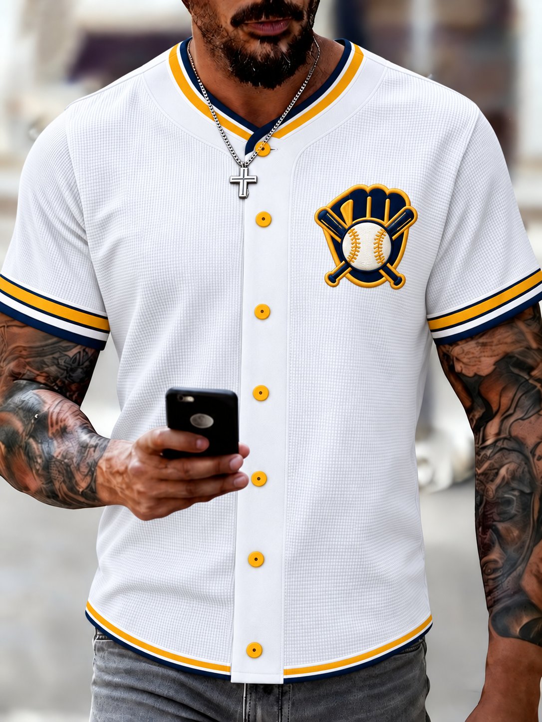 Men's Baseball Print Waffle Long Sleeve T-Shirt