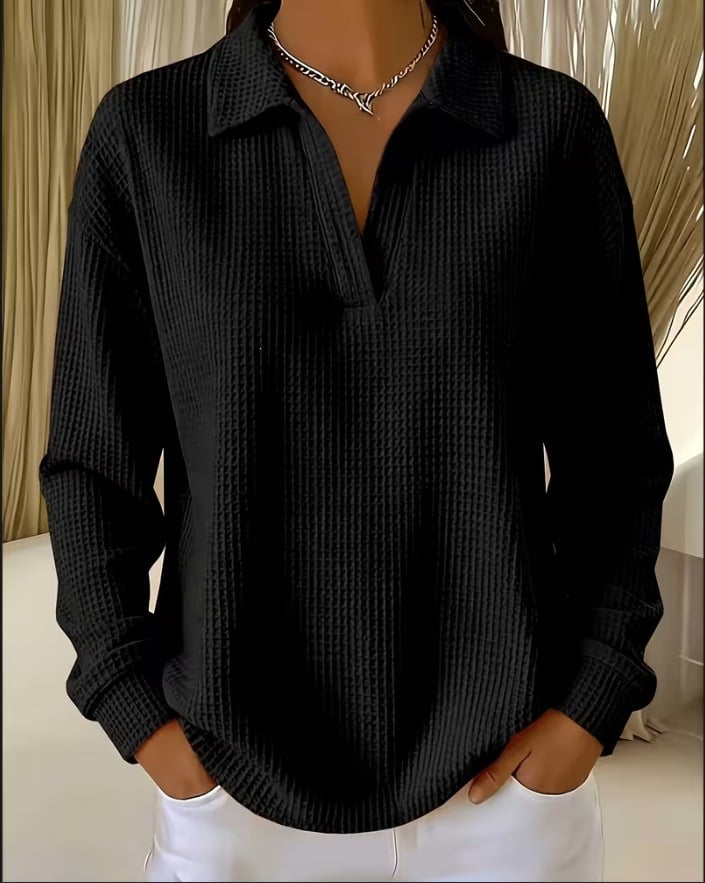 V-Neck Loose-Fit Long-Sleeve Waffle-Knit Top with Lapel Collar, Oversized Shoulders