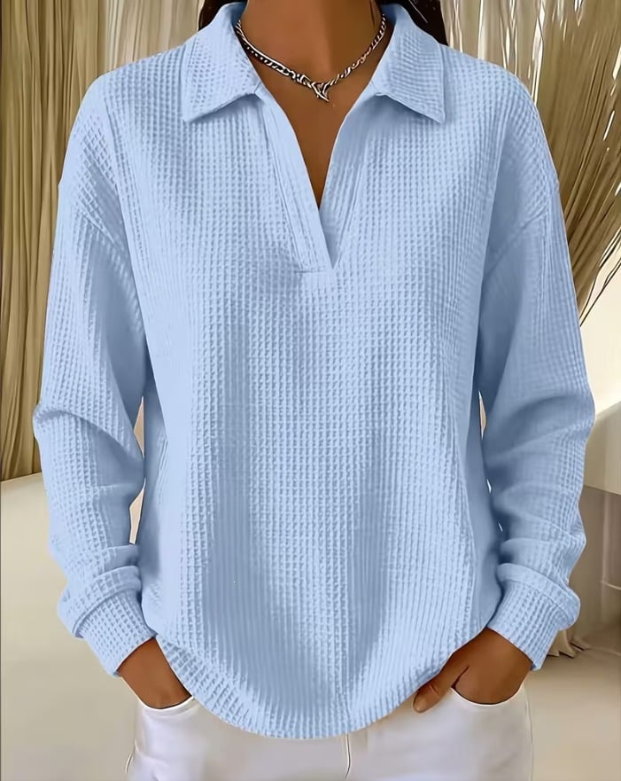 V-Neck Loose-Fit Long-Sleeve Waffle-Knit Top with Lapel Collar, Oversized Shoulders