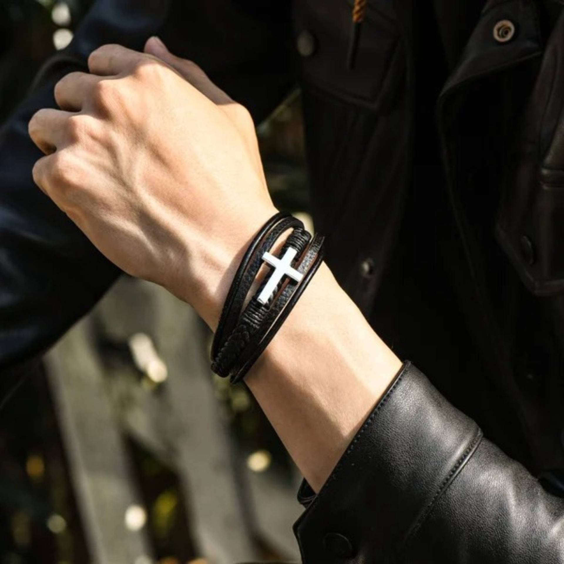 Give my grandson a prayer through it leather cross bracelet