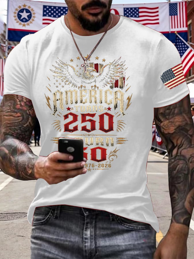 Men's Retro 250th Anniversary 1776-2026 America Turns 250 I Turn 50 1776 โข 1976 โข 2026 Print T-Shirt