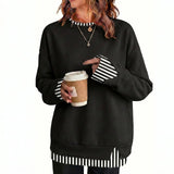 Women Crew Neck Fake Two Piece Striped Patchwork Drop Shoulder Oversized Sweatshirt