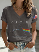 V-Neck Retro Artemis II Dark Side Of The Moon Print T-Shirt