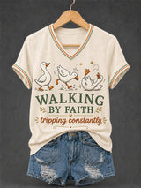 Classic Walking By Faith Tripping Constantly Goose Print Christian Inspirational Short-Sleeved Shirt