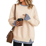 Women Crew Neck Fake Two Piece Striped Patchwork Drop Shoulder Oversized Sweatshirt