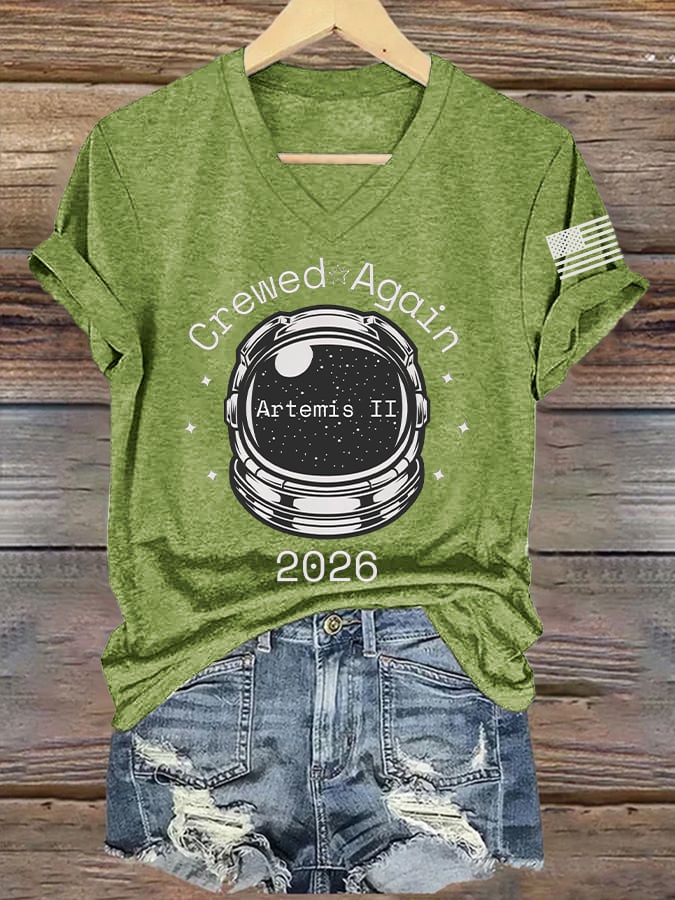 Women's Crewed Again Print V Neck T-shirt