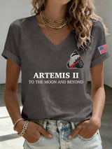 Women's Humanity Returns To The Moon Print V Neck T-shirt