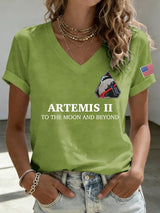 Women's Humanity Returns To The Moon Print V Neck T-shirt