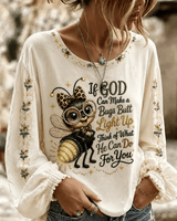 Women's If God Can Make A Bug's Butt Light Up Print Round Neck Puff Sleeves Blouse